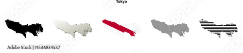 Tokyo prefecture blank outline map set