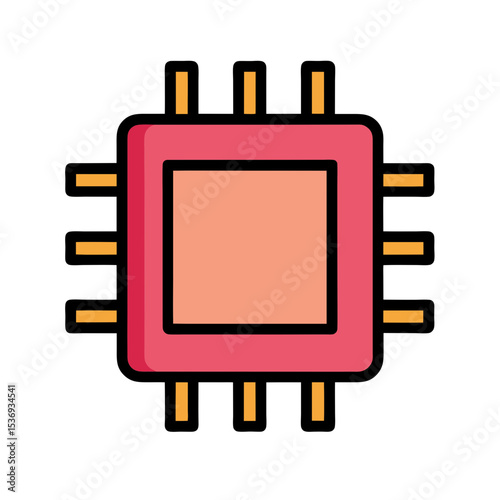 Flat color clipart of a microprocessor with glowing lights vector illustration on white background