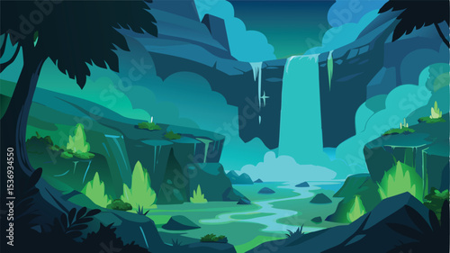 Futuristic Sci Fi Jungle with Cyberpunk Waterfall
