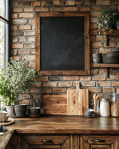 Rustic Kitchen with Chalkboard Display and Cozy Interior Details