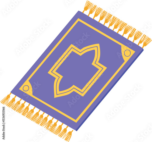 Flat vector illustration of a purple Islamic prayer rug (sajadah) with a golden yellow border and mosque arch motif in the center
