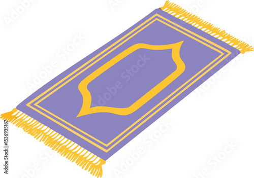 Flat vector illustration of a purple Islamic prayer rug (sajadah) with a golden yellow border and mosque arch motif in the center