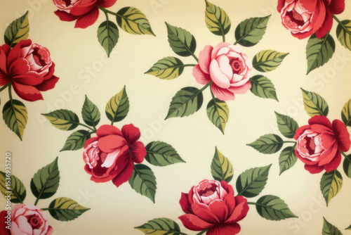 Wallpaper Mural A beautiful floral pattern featuring red roses and green leaves on a wallpaper Torontodigital.ca