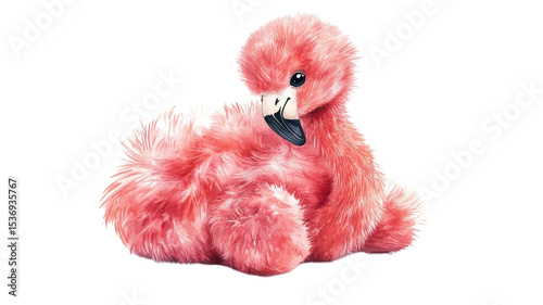 Soft pink flamingo plush cuddles by the shore during a bright sunny afternoon, evoking warmth and comfort in a serene tropical environment.
