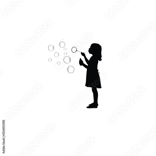 girl blowing bubbles silhouette black on white background