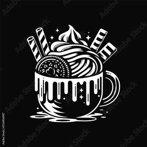 Stylized graphic of a cup overflowing with dessert, featuring whipped cream, cookies, and candy.