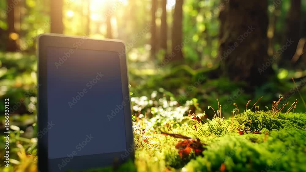 Tablet on mossy forest floor with blurred trees bathed in sunlight for remote work, eco lifestyle, digital detox, nature tech concepts.