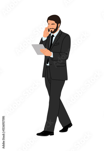 Vector illustration of businessman in formal suit and tie walking with tablet and talking on phone. Modern corporate character isolated on transparent background, ideal for business and tech themes