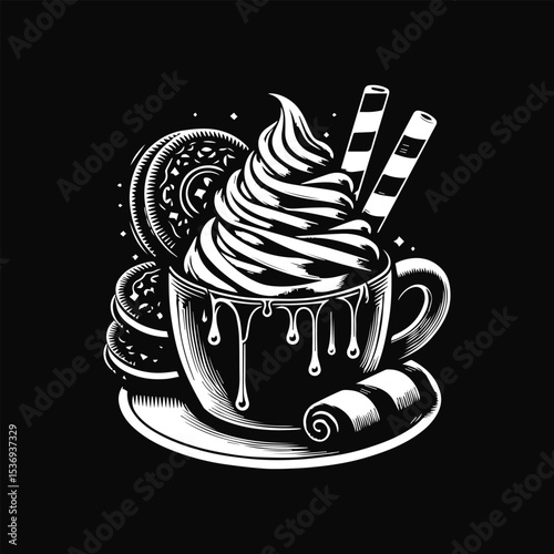 A stylized black and white illustration of a coffee cup overflowing with whipped cream, cookies, and wafers.