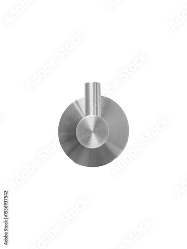 Stainless steel wall hook with round base is isolated.