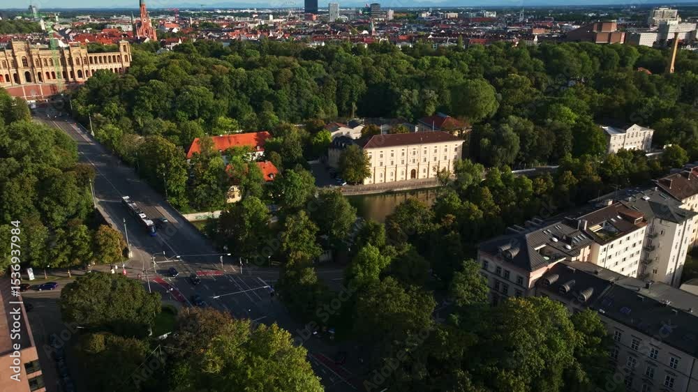 Aerial view of Praterinsel, a unique event space located on an island in the Isar River in Munich, Germany, known for hosting exhibitions, cultural events, and private functions. 