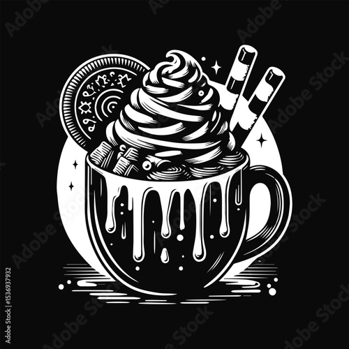 A stylized illustration of a mug filled with a decadent dessert, overflowing with whipped cream and treats.