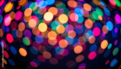 a close up photograph of vibrant disco balls with numerous colors, creating an abstract bokeh effect against a dark background