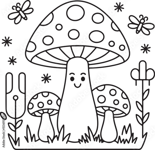 Whimsical mushroom coloring pages - perfect for nature lovers, kids' crafts, and art therapy. High-quality printable designs for creative projects and relaxation Art & Illustration