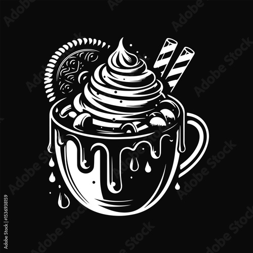 Illustration of a mug overflowing with hot chocolate, topped with whipped cream, cookies, and chocolate sticks.