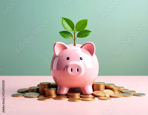 Investment strategies for savings growth piggy bank surrounded by coins in a tranquil environment showcasing financial prosperity