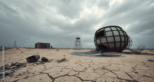 post apocalyptic water tower toppled leaking ruins dystopian landscape abandoned structures crumbling civilization decay survival theme environmental impact desolation eerie atmosphere disaster afterm