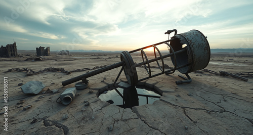 post apocalyptic water tower toppled and leaking in urban ruins dystopian landscape abandoned city destruction decay environmental impact survival scene desolation eerie atmosphere haunting visuals po