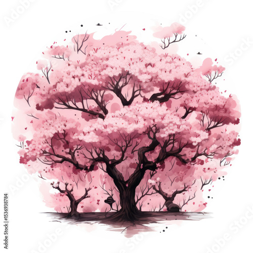  Cherry trees (sakura) pink blossoming on transparent background