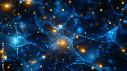 Glowing abstract neuron network in blue and gold represents connectivity against a dark backdrop words + concept