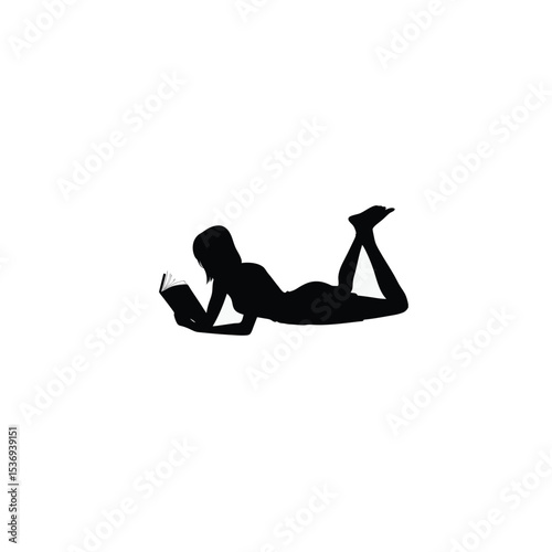 girl reading a book lying down silhouette on white background