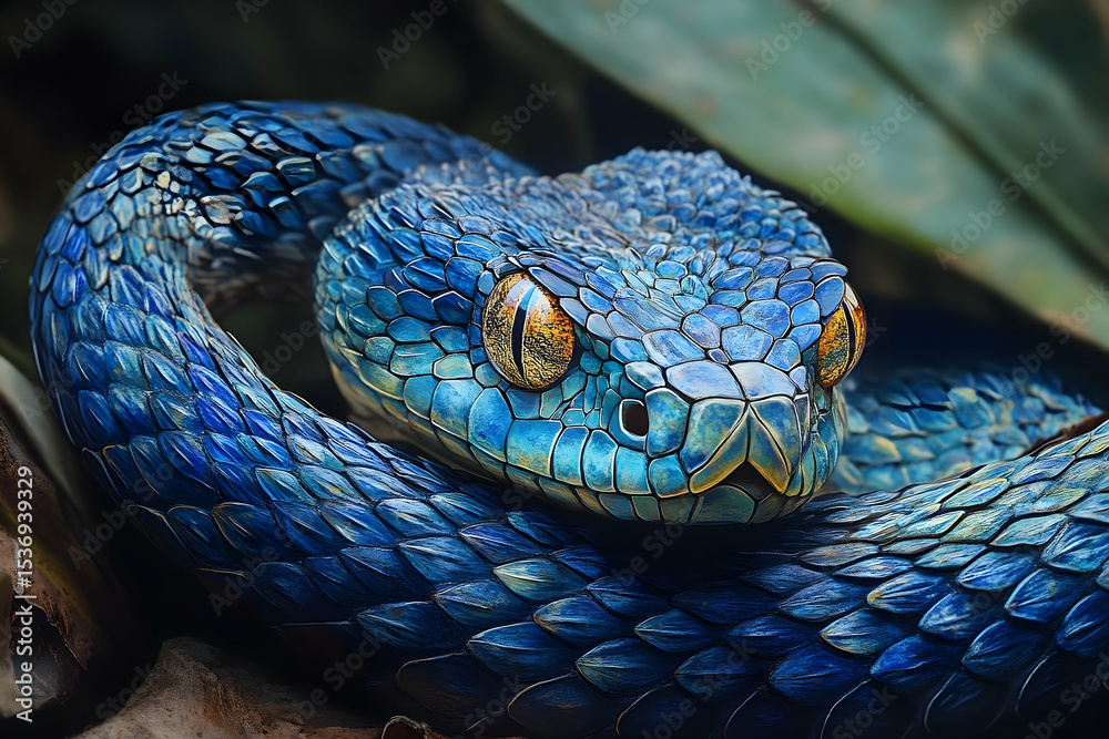 Close-up of a vibrant blue snake. Close-up of a vibrant blue snake.