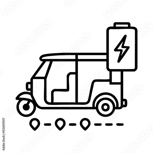 Electric tuk tuk icon with charging battery