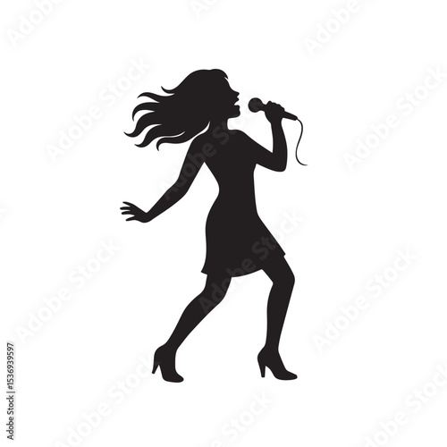 Silhouette of Woman Singing with Microphone in Performance Pose