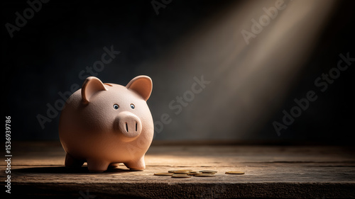 Bright spotlight reveals a charming piggy bank on a rustic wooden desk