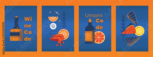 Posters modern geometric seafood with  oyster, shrimp,olive oil, wine