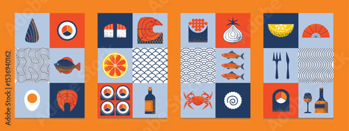 Posters modern geometric seafood with fish, oyster, salmon