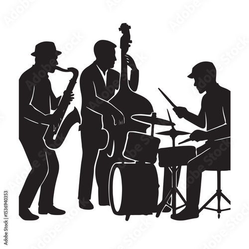 Jazz Band Performing with Saxophone, Bass, and Drum Instruments