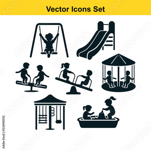 Playground icons set children playing on swings seesaw slide merry go round sandbox