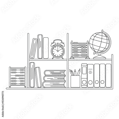 Books and school supplies are arranged neatly on a bookshelf isolated