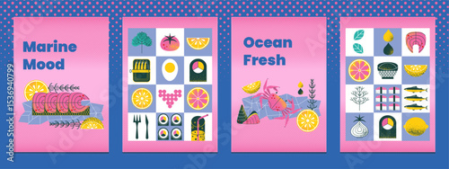 Posters modern geometric seafood with fish, salmon, sushi, sardines