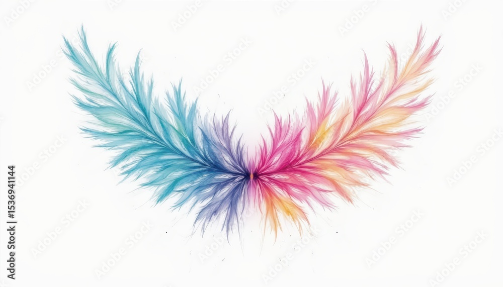 Fototapeta premium Colorful feather on white background, a detailed macro photography study of avian plumage