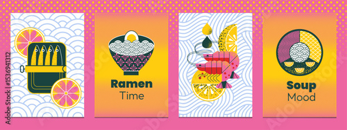 Posters modern geometric seafood with fish,shrimp, ramen