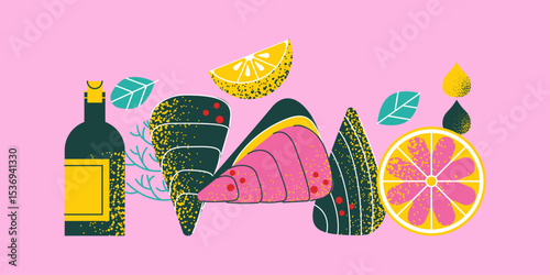 Seafood  geometric pattern with oysters, olive oil, lemon