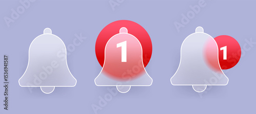 Glass morphism notification bell set with red round. Vector icon illustration