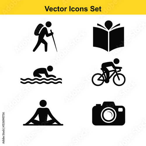 Set of six simple black pictograms for hiking biking yoga swimming reading and photography