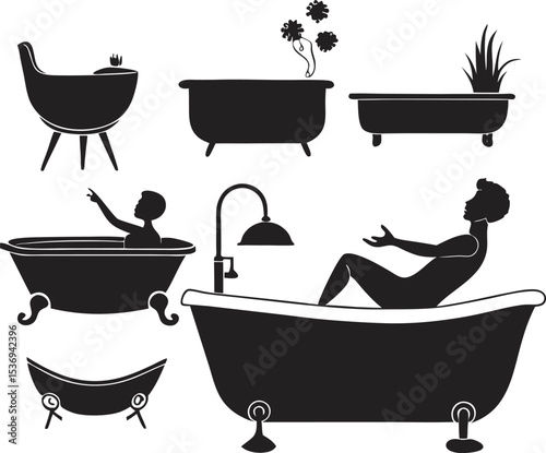 A collection of stylized bathroom interior designs, featuring various modern fixtures like tubs, sinks, and toilets, presented with clean lines and contemporary aesthetics