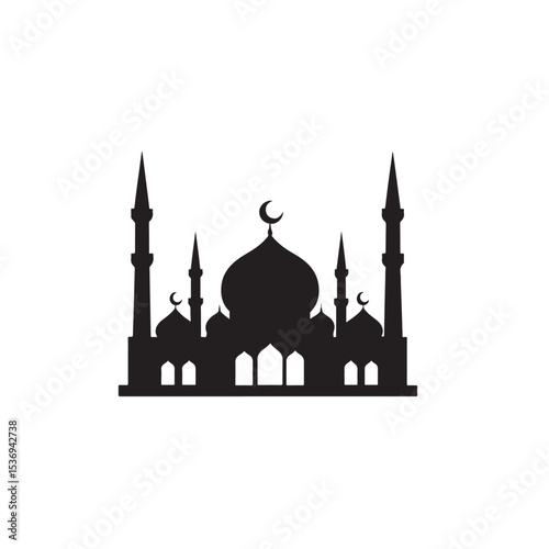Silhouette of Islamic Mosque with Domes and Minarets at Sunset
