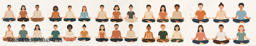 Vector Set People meditating in lotus position peace zen