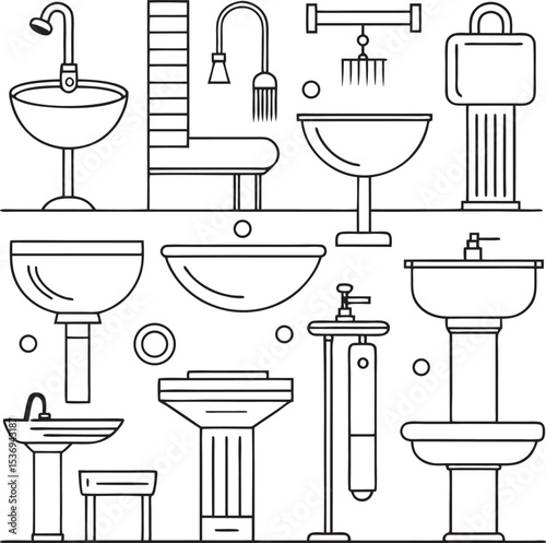 A collection of stylized bathroom interior designs, featuring various modern fixtures like tubs, sinks, and toilets, presented with clean lines and contemporary aesthetics