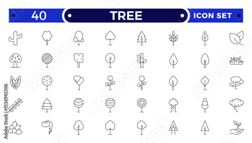 Tree Outline icon collection. Includes thin line symbols nature, basil, tree, ecology, plant, eco and more. Isolated icons. Leaf icon set.