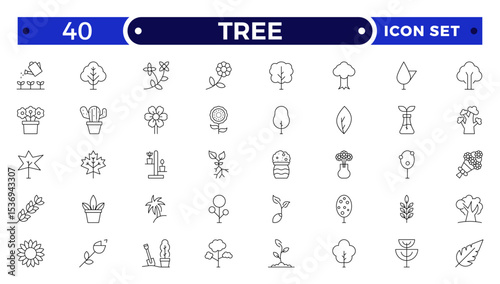 Tree Outline icon collection. Includes thin line symbols nature, basil, tree, ecology, plant, eco and more. Isolated icons. Leaf icon set.