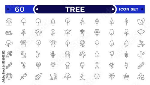 Tree Outline icon collection. Includes thin line symbols nature, basil, tree, ecology, plant, eco and more. Isolated icons. Leaf icon set.