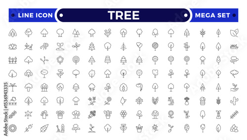 Tree Outline icon collection. Includes thin line symbols nature, basil, tree, ecology, plant, eco and more. Isolated icons. Leaf icon set.