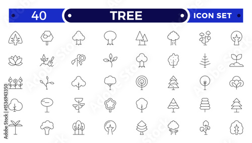 Tree Outline icon collection. Includes thin line symbols nature, basil, tree, ecology, plant, eco and more. Isolated icons. Leaf icon set.