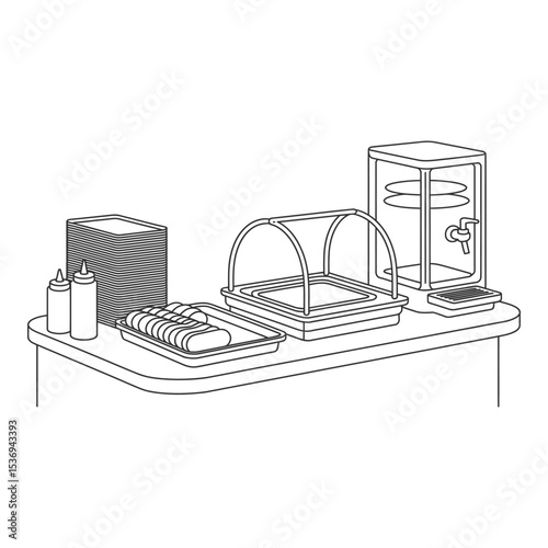 Buffet line with food and drink isolated on white background